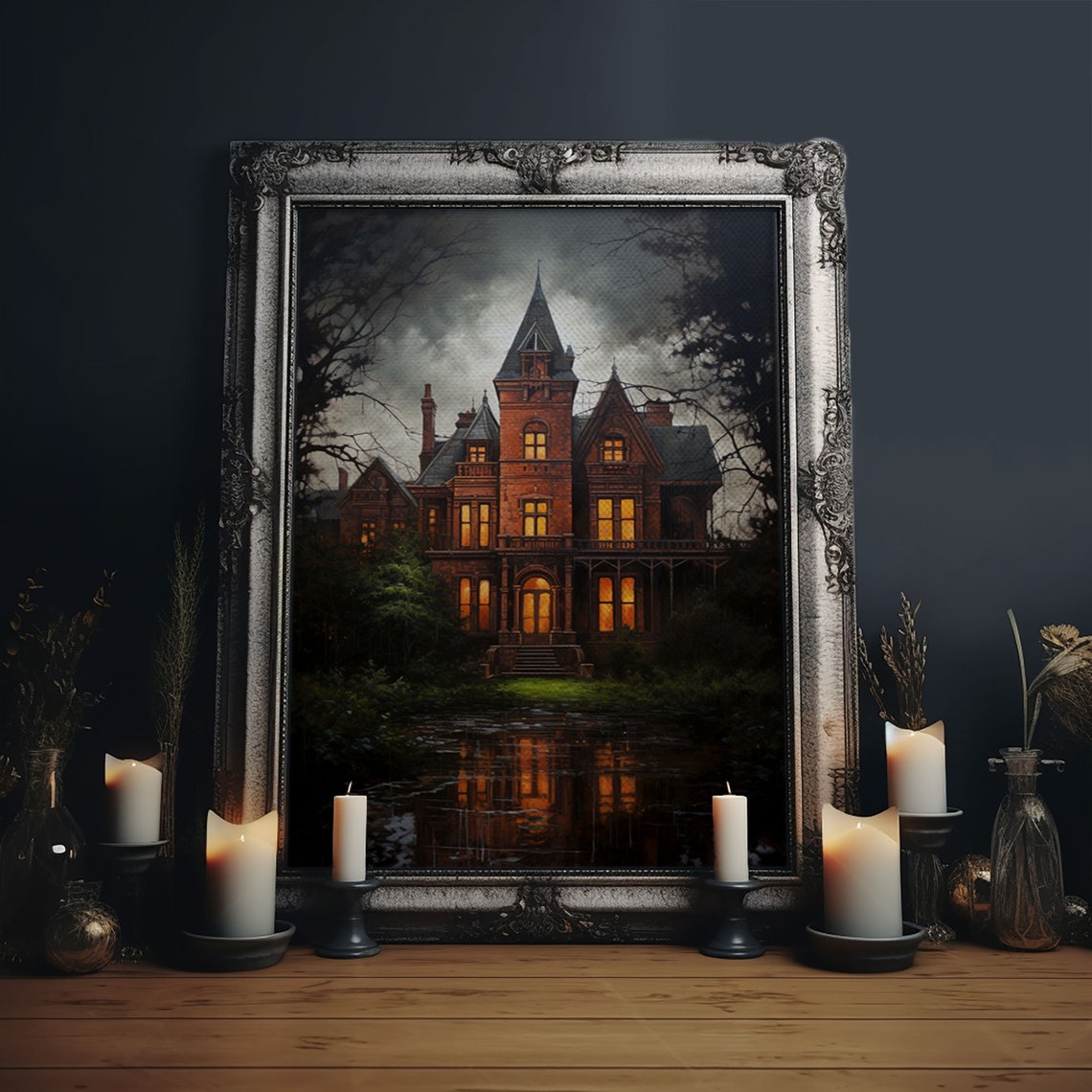 Haunted Victorian Mansion Night Glowing Windows Dark Gothic Art Poster