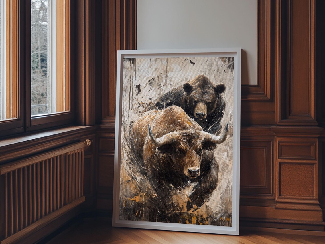Longhorn Bull Bear Standing Together Rustic Wild Animal Art Wall Poster - Image 2
