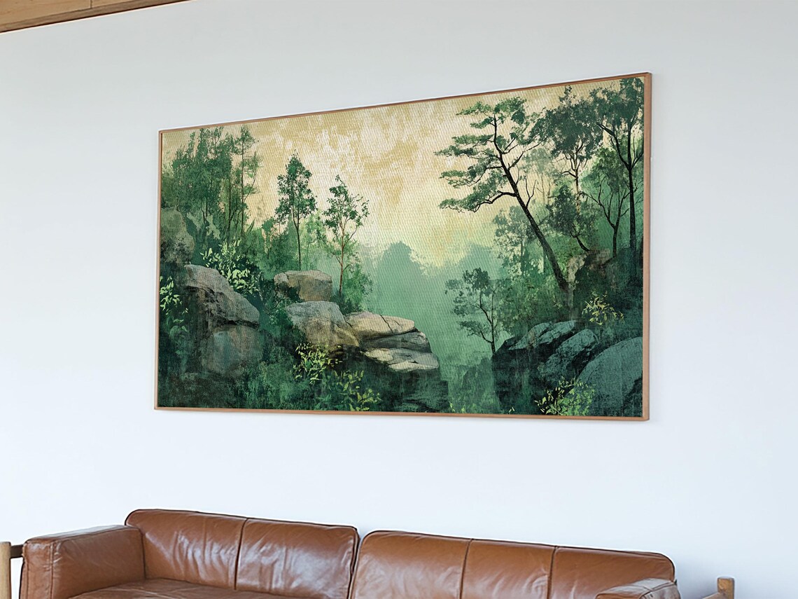 Misty Green Forest Rocks Serene Woodland Vintage Landscape Poster - Image 4