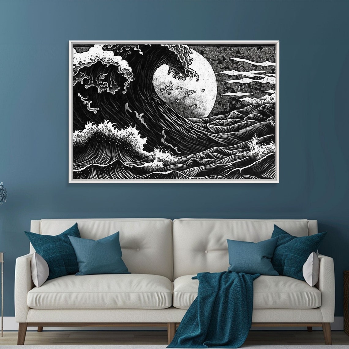 Ocean Wave Wall Art Framed Print Unique Wall Art Hokusai Inspired Japanese Style Wall Art Oversized Art Ocean Print Retro Art - Image 3