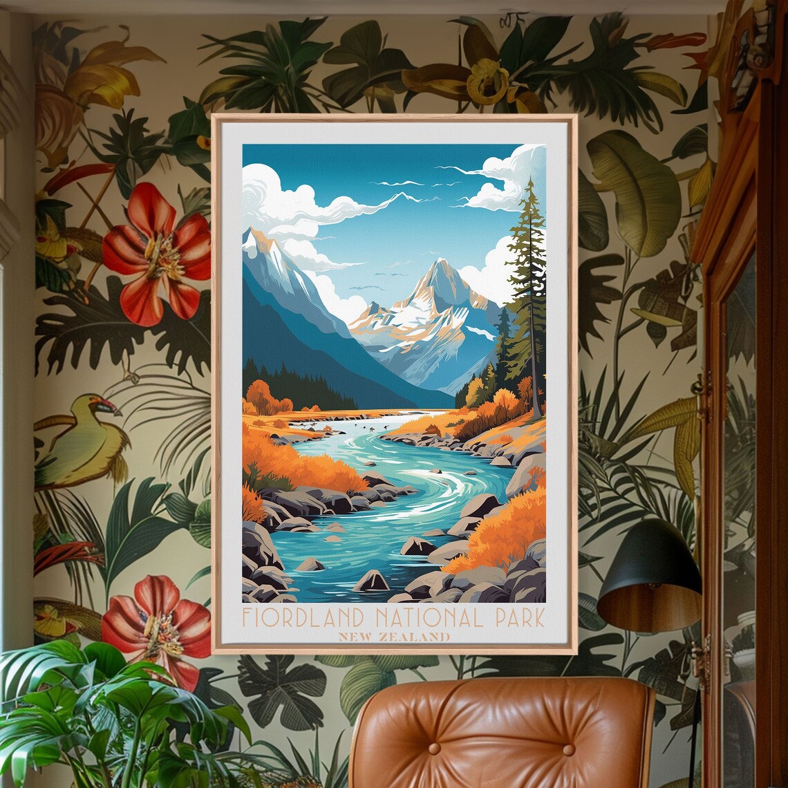 Fiordland New Zealand Alpine River Snow Peaks Autumn Foliage View Poster - Image 6