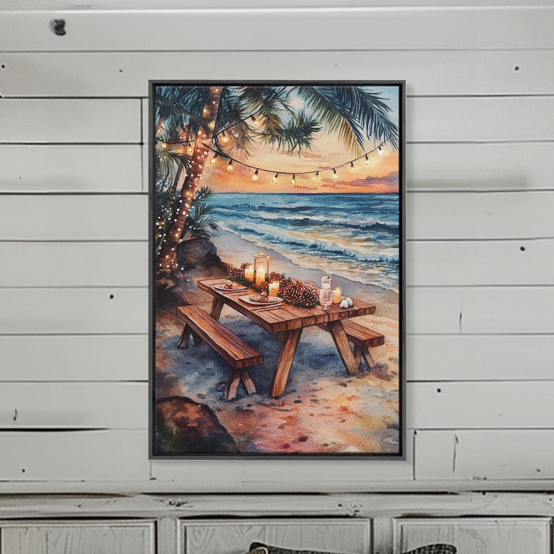 Sunset Beach Picnic Table With String Lights Ocean View Poster - Image 2