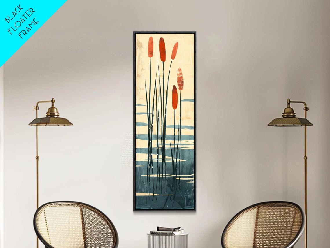 Minimalist Cattail Reeds Red Tops Abstract Tall Earthy Art Print - Image 3