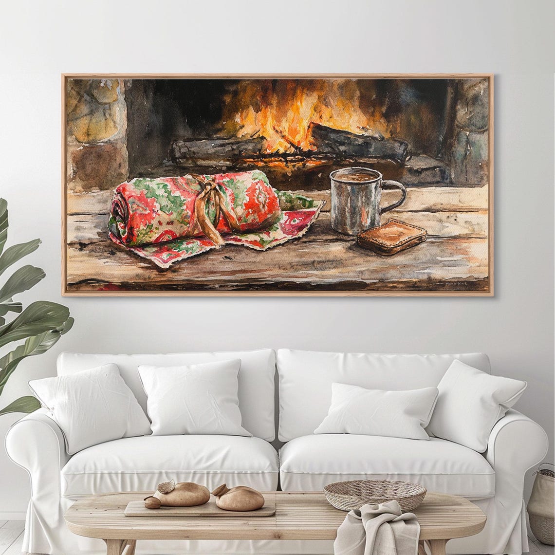 Cozy Stone Fireplace Cocoa Mug Christmas Blanket Hearth Art Print