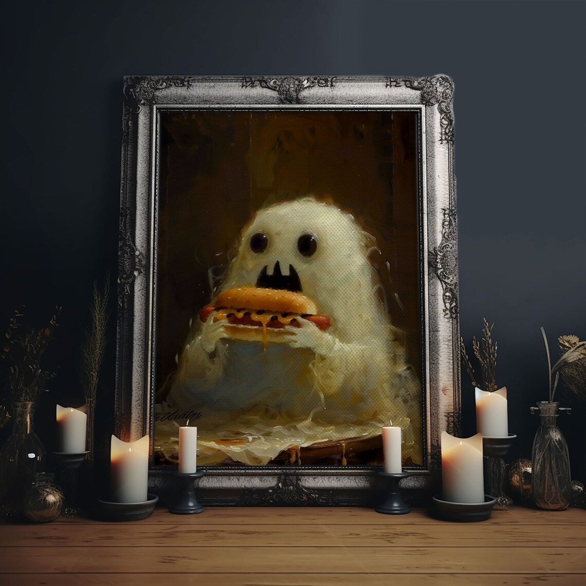 Cute Ghost Chomping Hot Dog, Funny Halloween Art Print