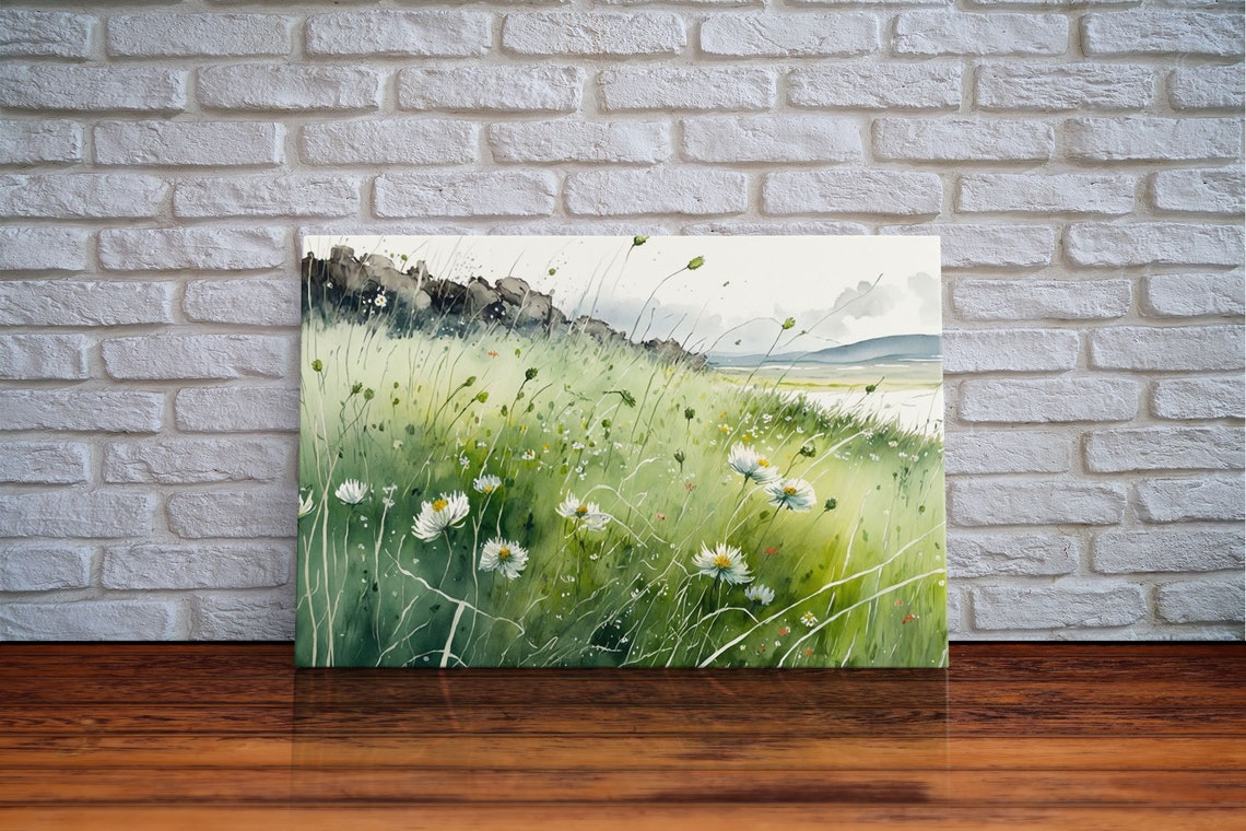 White Daisies Watercolor Hillside Green Meadow Coastal View Art Poster - Image 6