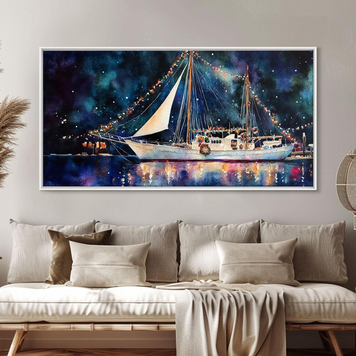 Christmas Sailboat With Holiday Lights Night Harbor Art Print - Image 5