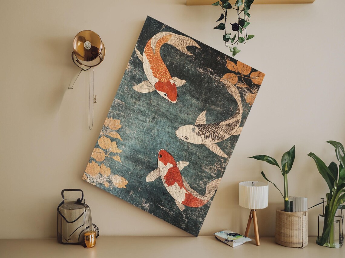 Three Koi Fish Swimming Dark Teal Water Japanese Style Animal Poster - Image 2