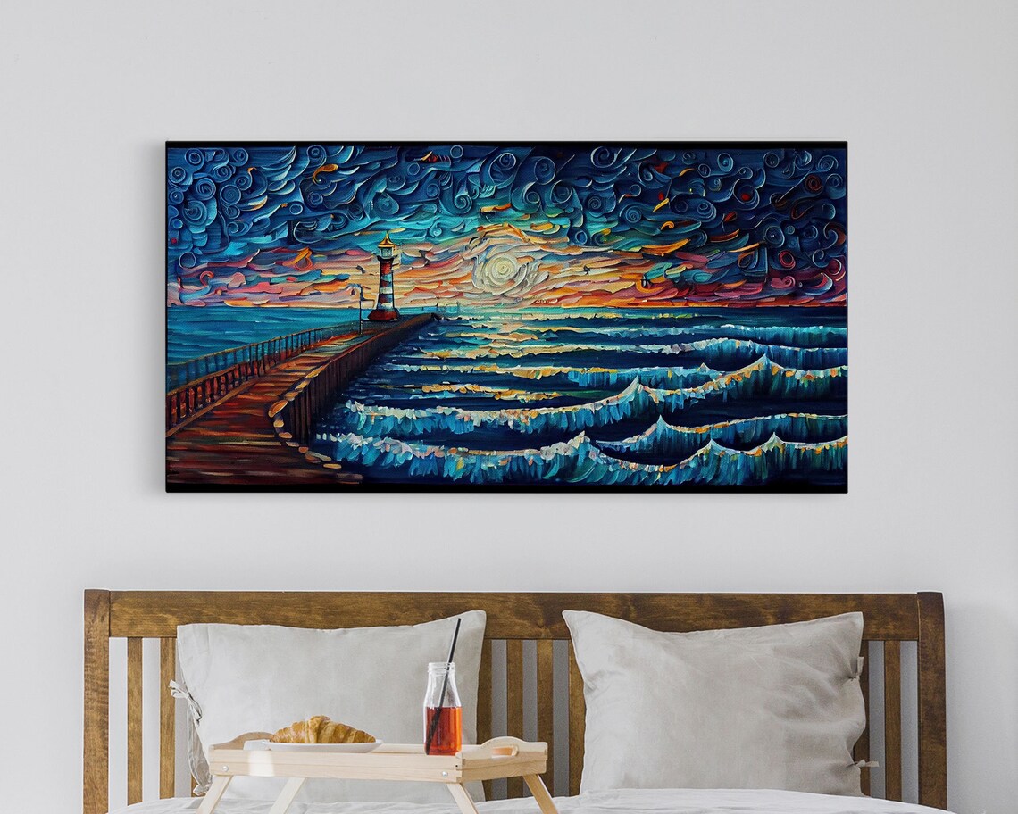 Starry Night Lighthouse Sunset Pier Ocean Waves Swirling Sky Art Poster - Image 4