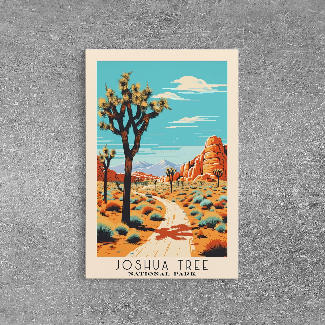 Joshua Tree National Park Desert Road Red Rocks Retro Travel Poster
