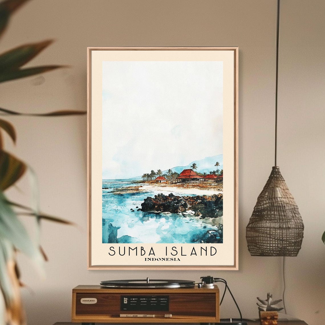 Sumba Island Indonesia Rocky Coast Red Roof Huts Palm Trees Poster - Image 3