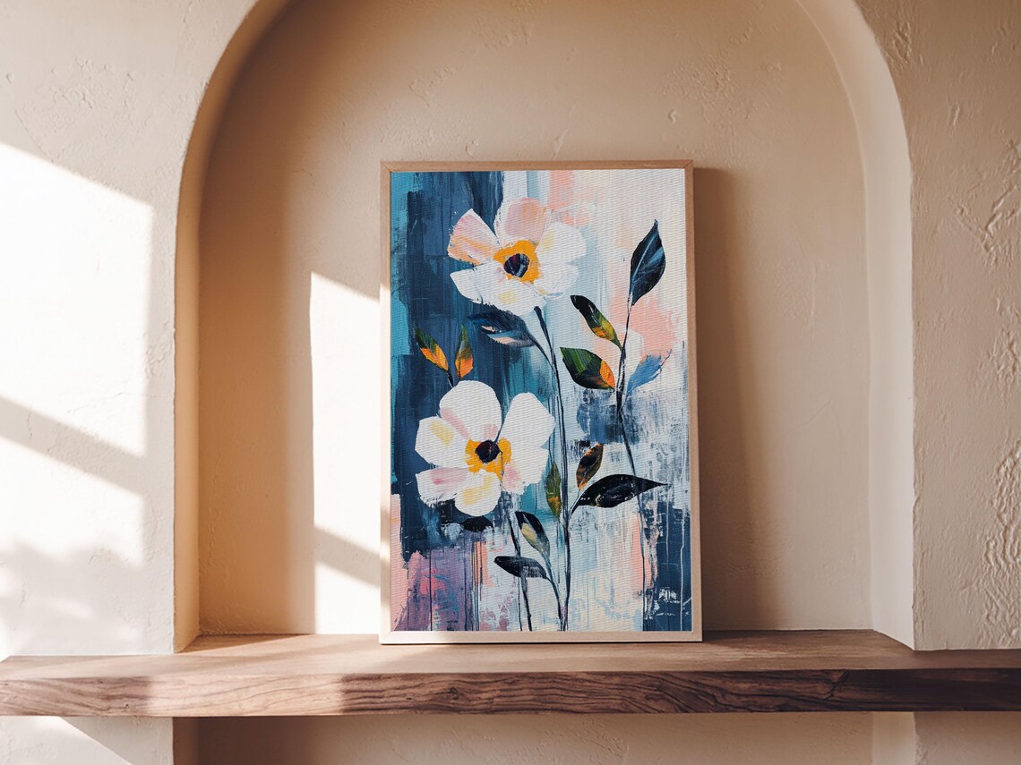 White Anemone Flowers Abstract Blue Oil Painting Floral Print - Image 4