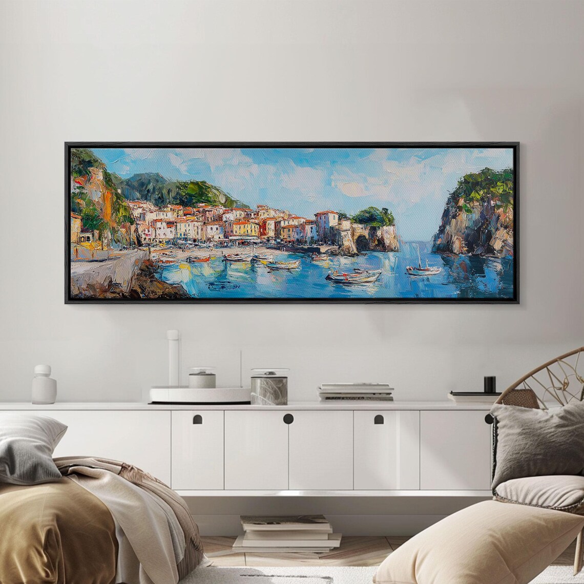 Italian Fishing Village Cliffs Boats Bright Coastal Harbor Art Poster - Image 2