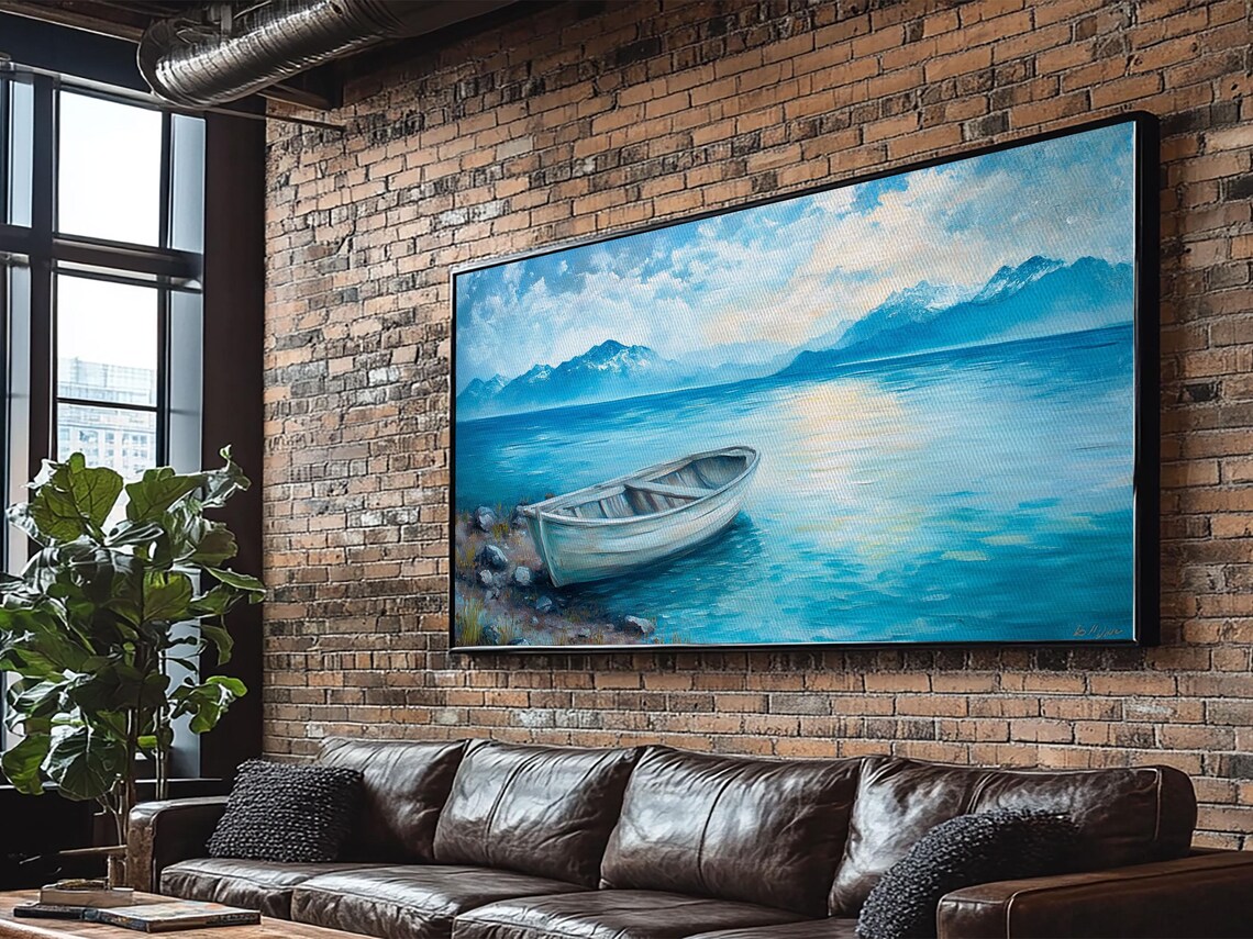 White Boat Turquoise Mountain Lake Blue Waters Coastal Wall Poster - Image 5