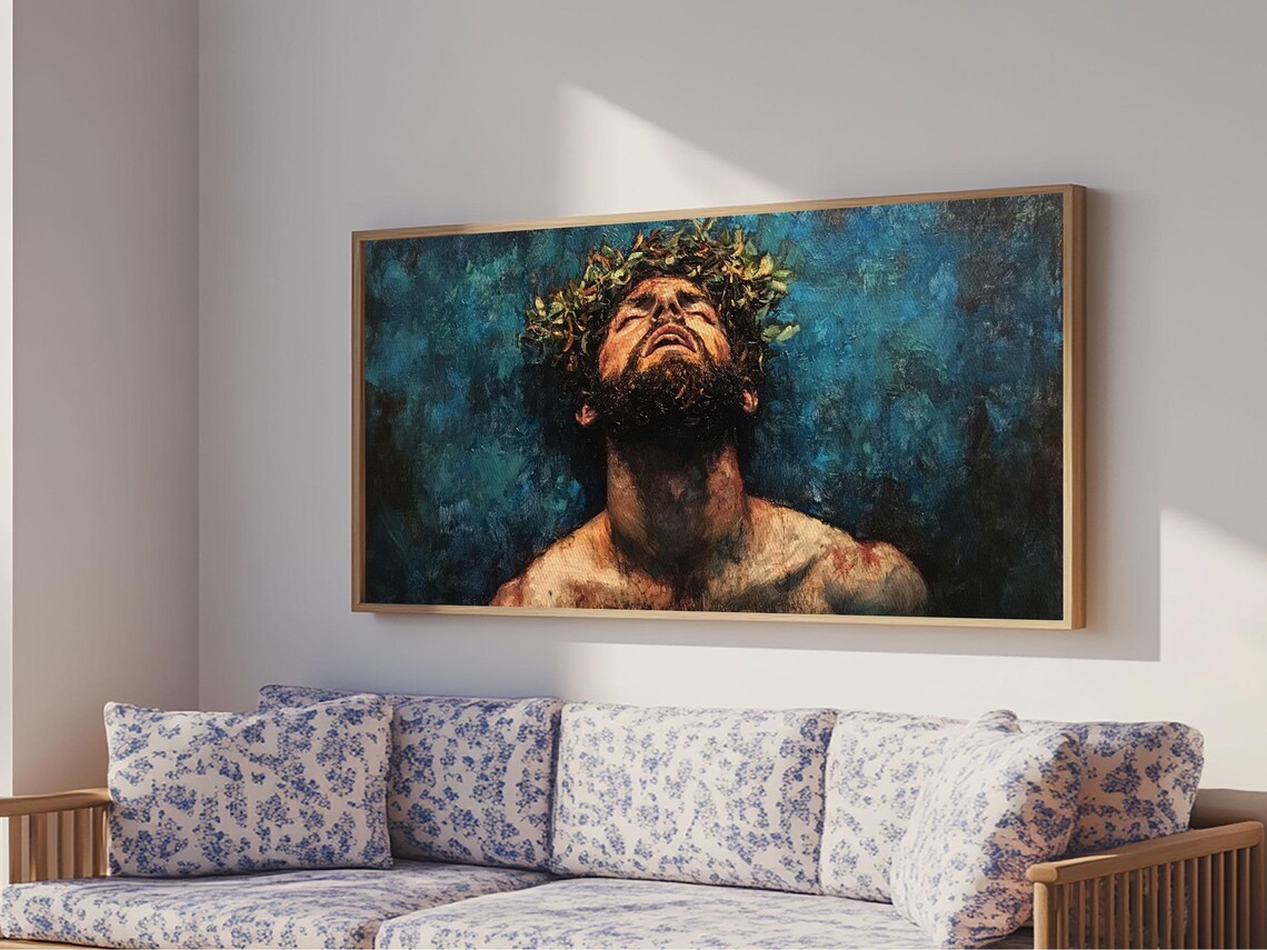 Jesus Christ Crown Of Thorns Portrait Looking Up Faith Devotion Wall Art - Image 4