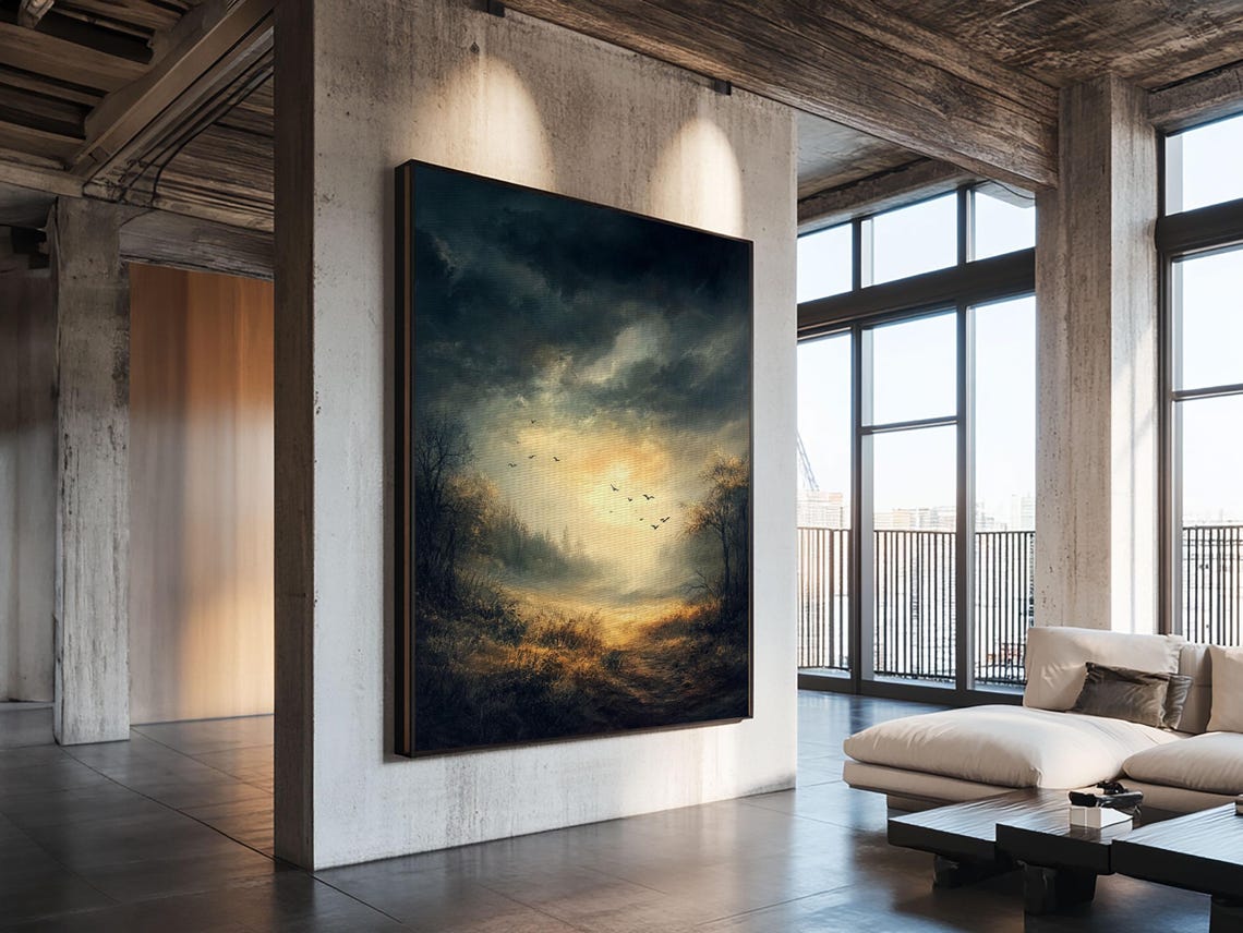 Misty Sunrise Meadow Birds Flying Dark Romantic Landscape Art Poster - Image 5