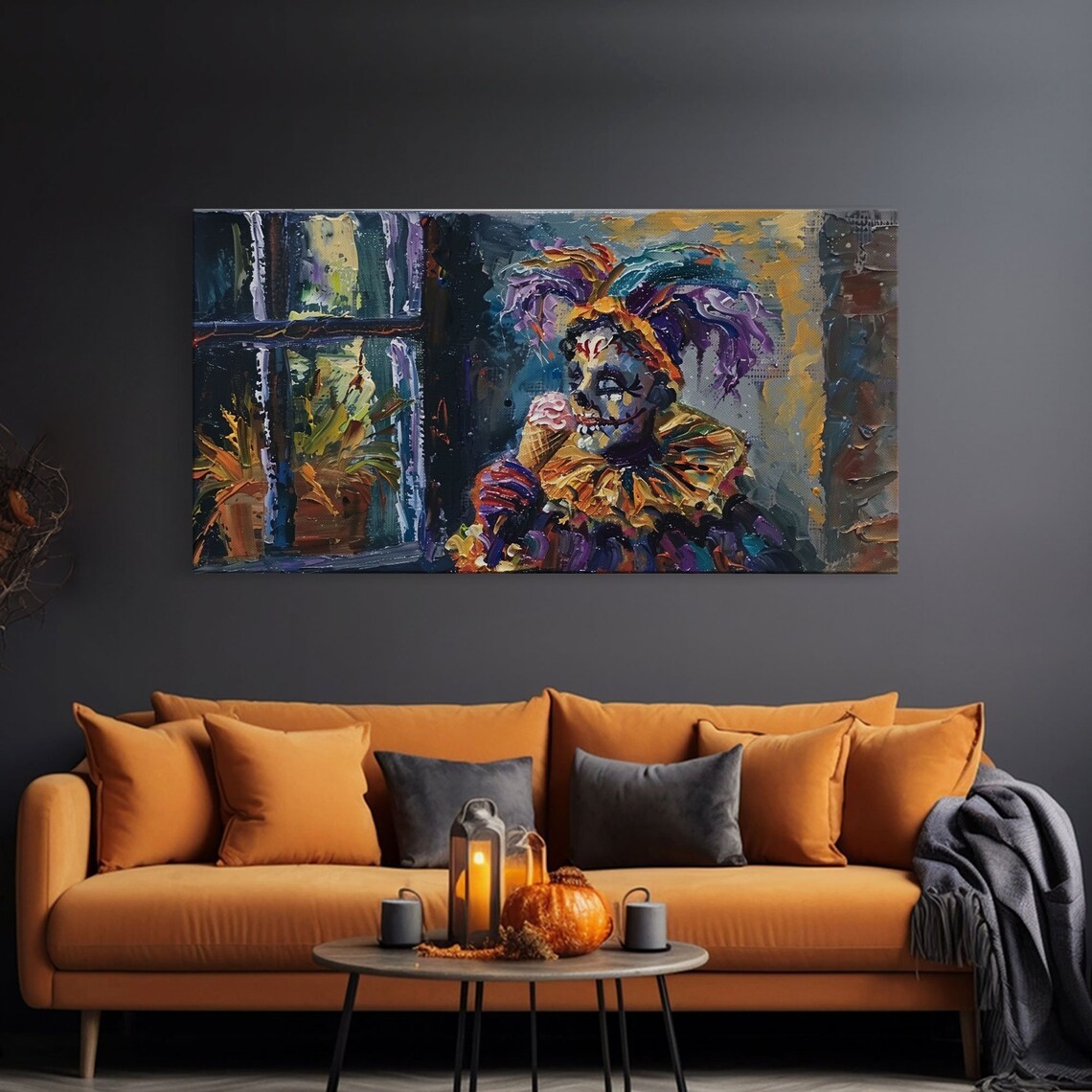 Spooky Court Jester Eating Pink Ice Cream Funny Halloween Wall Art - Image 3