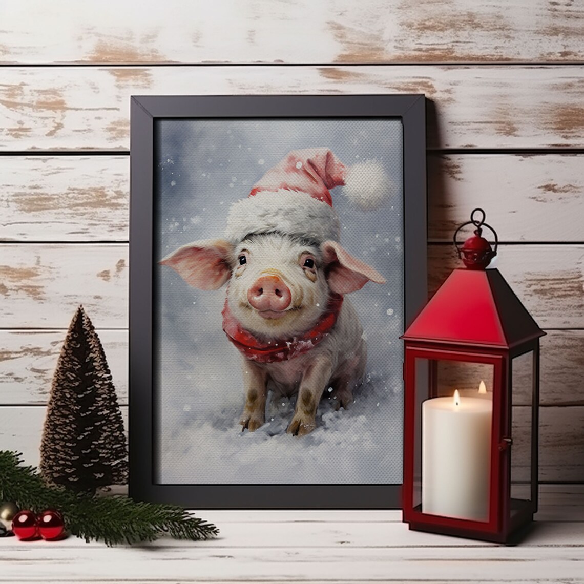 Christmas Pig in a Santa Hat, Vintage Farmhouse Art Print - Image 5