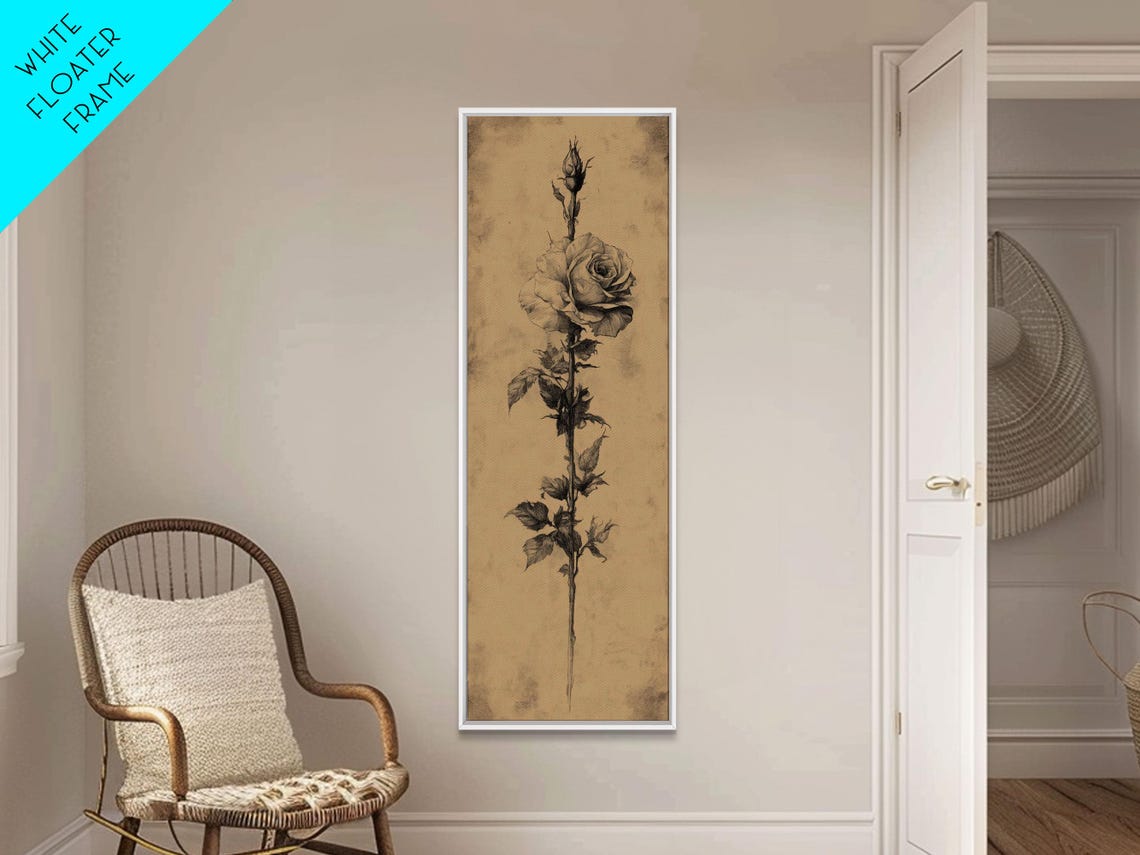 Black And White Sketch Of A Rose Framed Print Narrow Art Tall Skinny Art Flower Painting Paint Of A Rose Floral Prints - Image 2