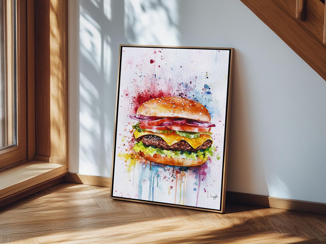 Watercolor Splatter Cheeseburger Colorful Kitchen Food Art Print - Image 5