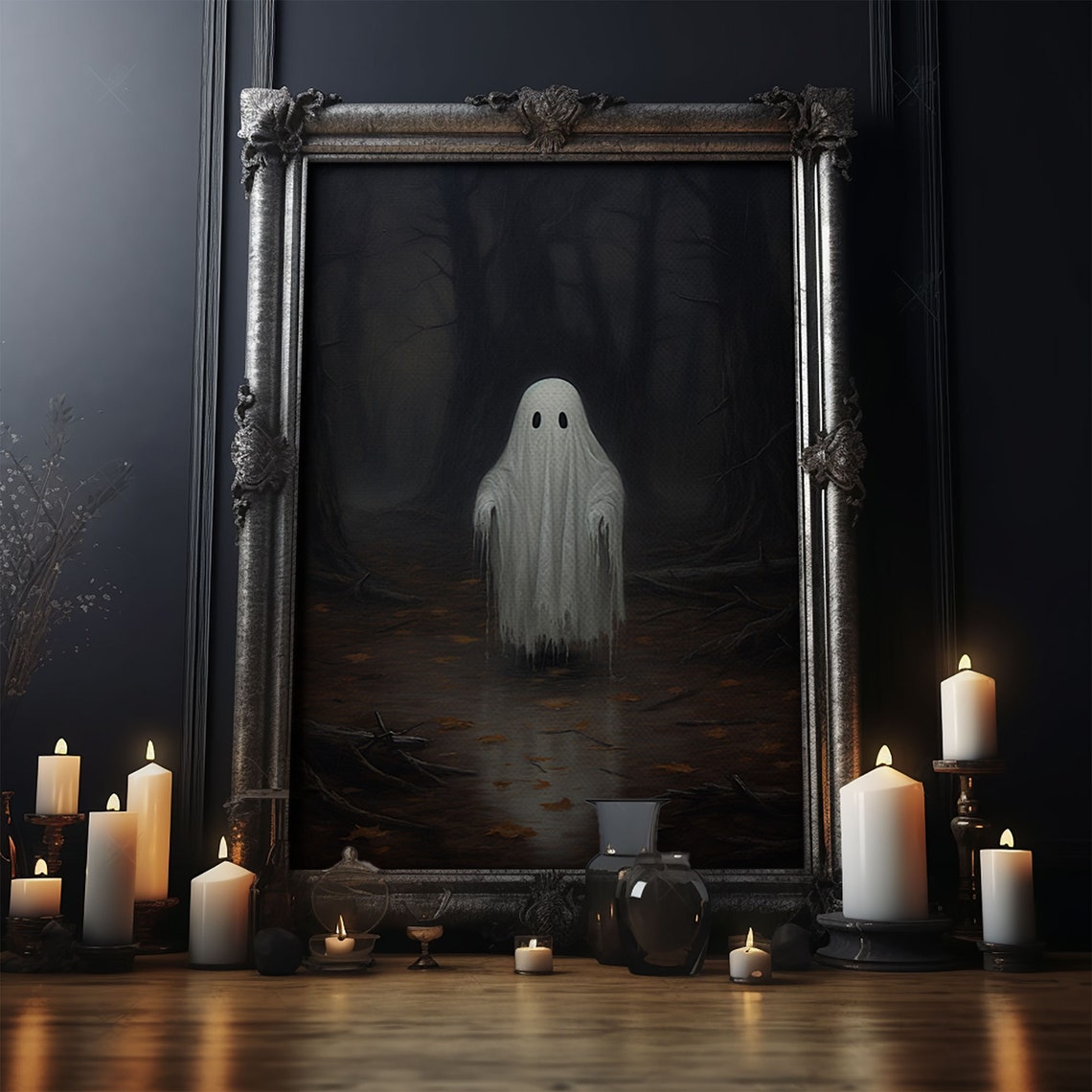 Cute Little Ghost Glowing In Dark Forest Funny Halloween Art Poster - Image 4