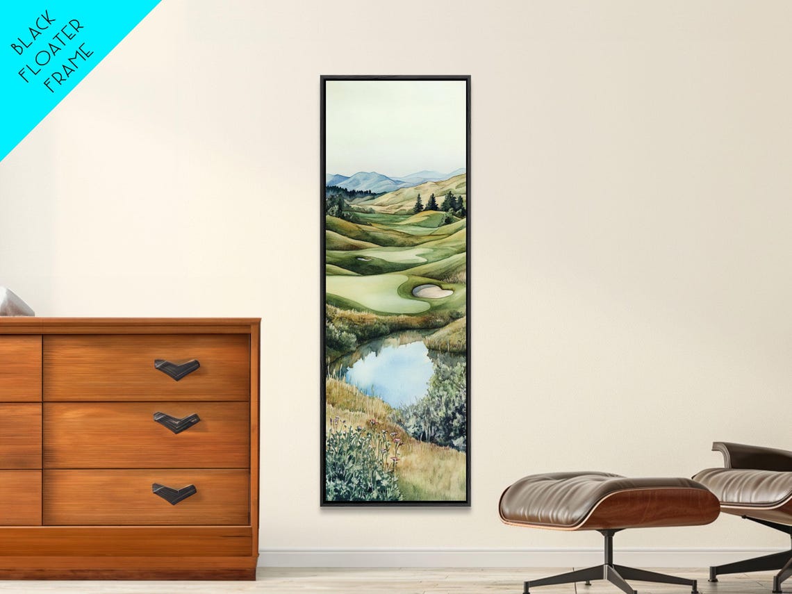 Watercolor Golf Course Rolling Fairways Pond Mountain View Wall Poster - Image 3