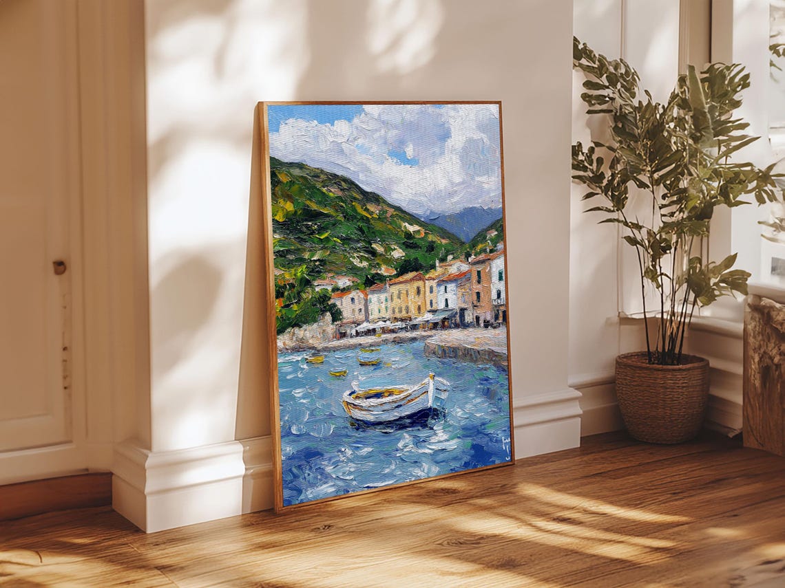 Modern Art Print Italian Fishing Village Italy Oil Painting Neutral Wall Art Seascape Painting Impasto Style Print Boho - Image 6