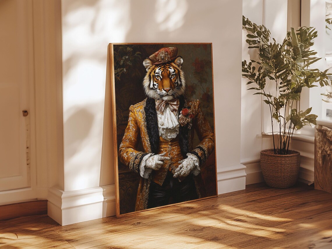 Dapper Tiger Gentleman Portrait Gold Brocade Suit Whimsical Animal Wall Art - Image 6
