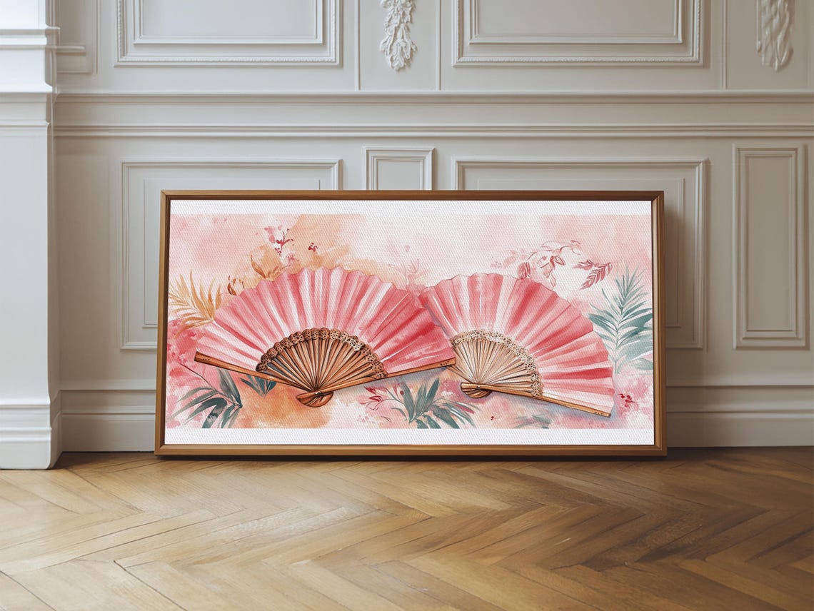 Coral Pink Hand Fans Wide Horizontal Watercolor Botanical Poster - Image 6
