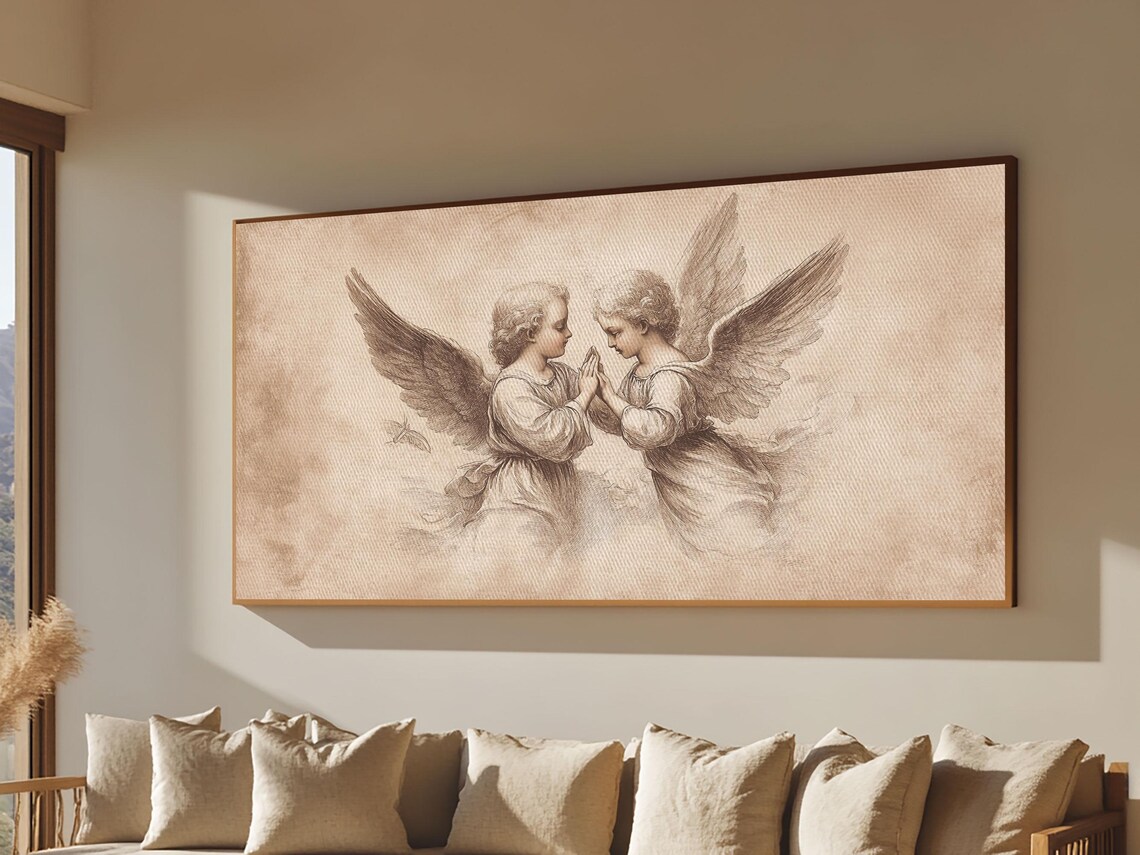 Guardian Angel Sketch Print Two Cherubs Praying Together Sepia Wall Art - Image 6