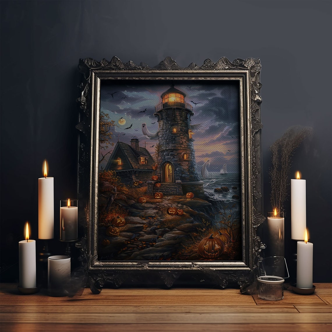 Haunted Lighthouse Jack O Lanterns Spooky Halloween Night Art Poster - Image 5
