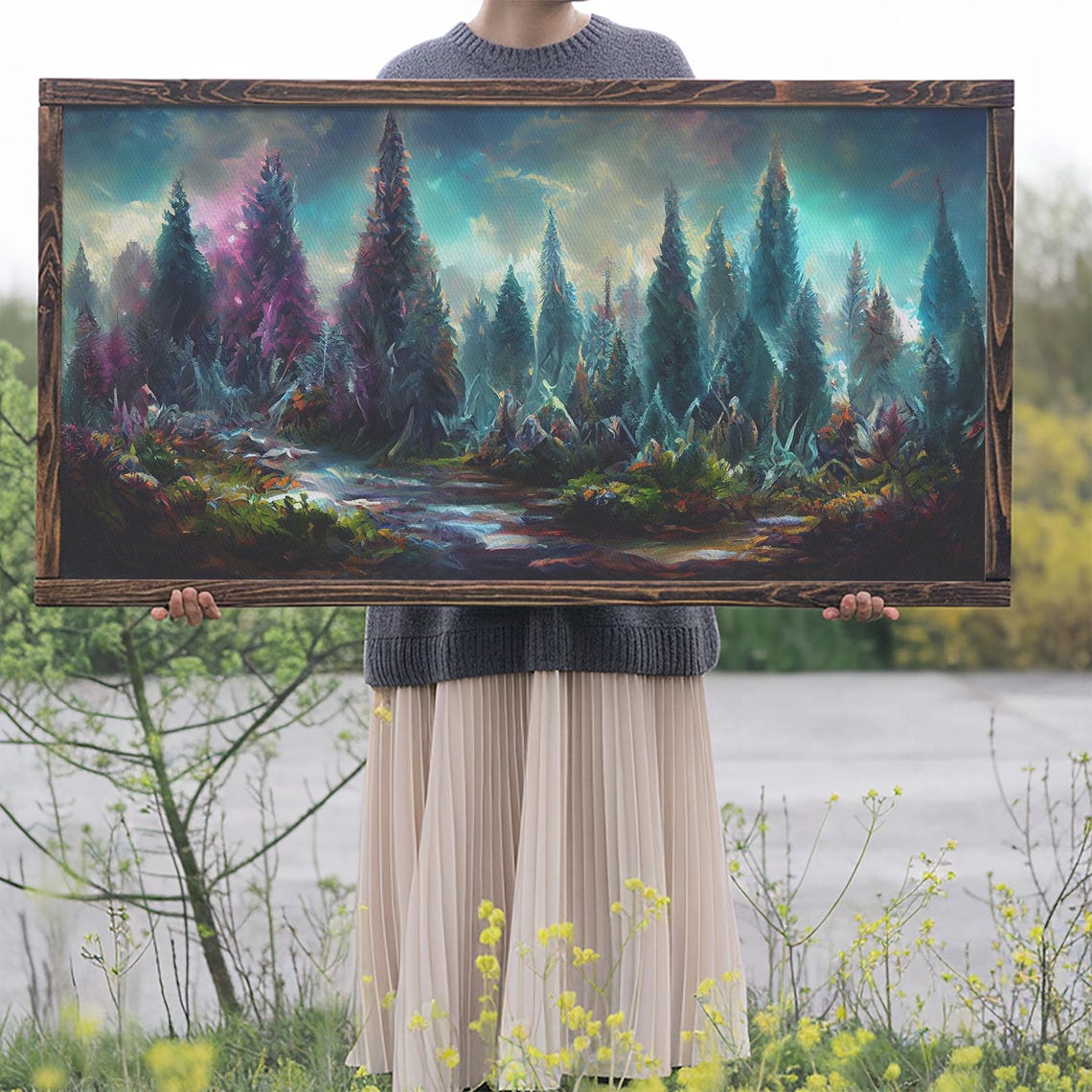 Trippy Psychedelic Forest Tall Pines Vivid Colorful Art Poster - Image 2