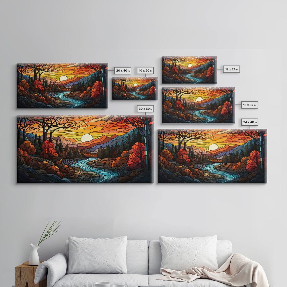 Stained Glass Style Sunset River Mountains Fall Landscape Poster - Image 2