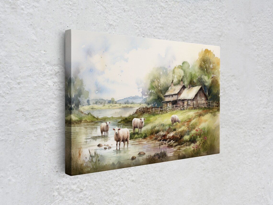Sheep Grazing By The River, Vintage Landscape - Image 3