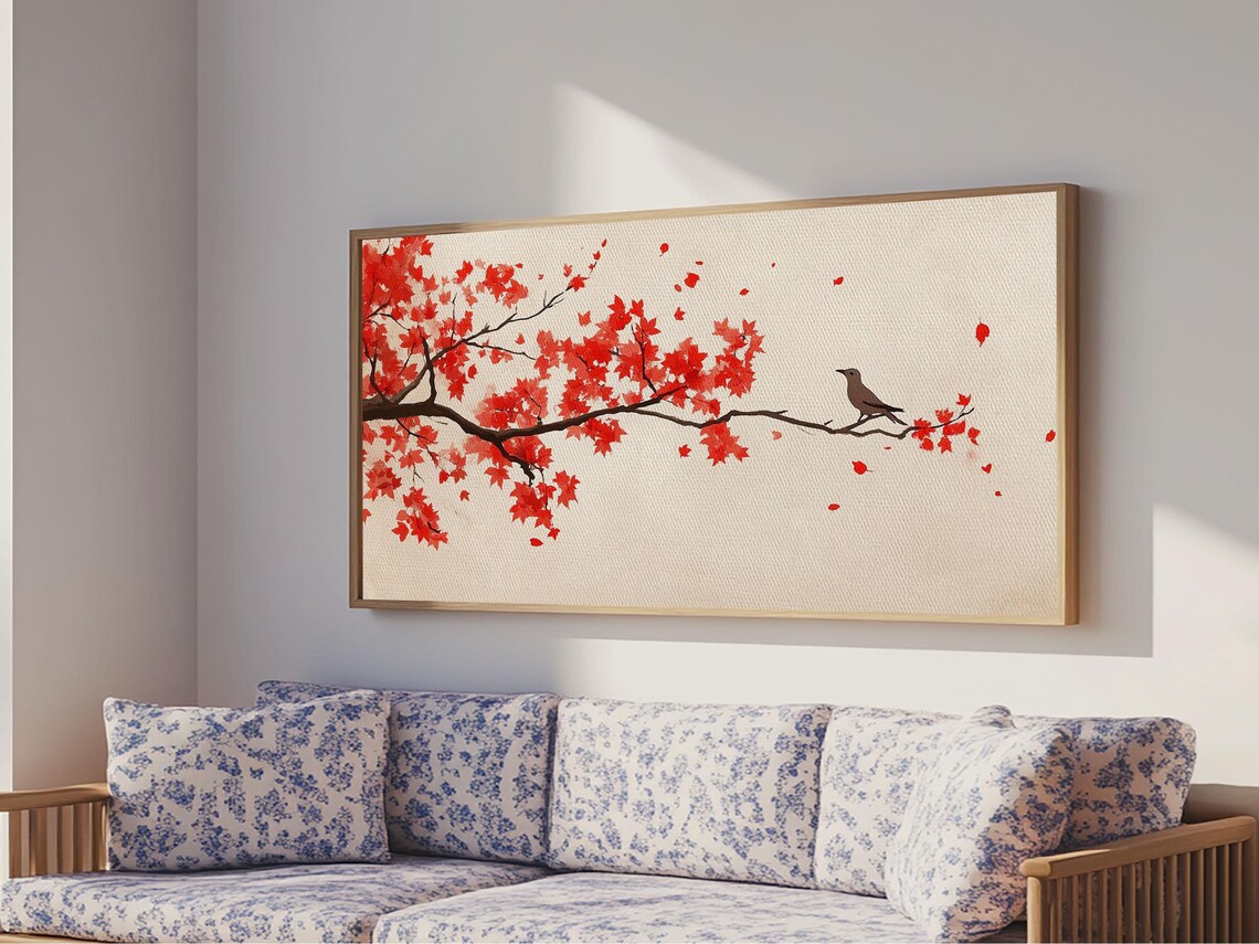 Red Maple Branch with Songbird Minimalist Autumn Fall Leaves Art Print - Image 4