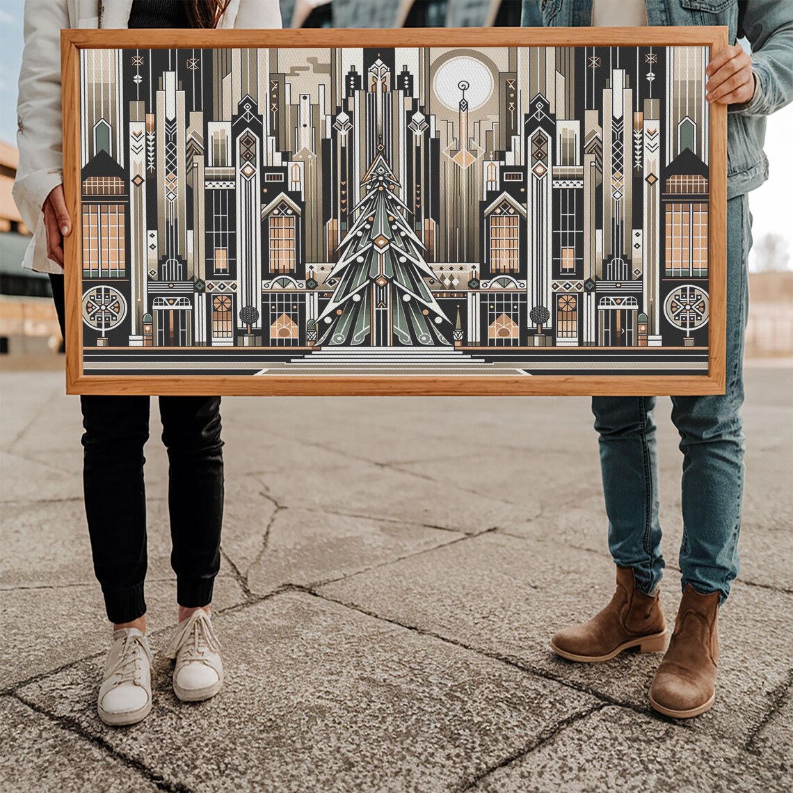 Art Deco Christmas Village Retro Holiday Art Print - Image 5