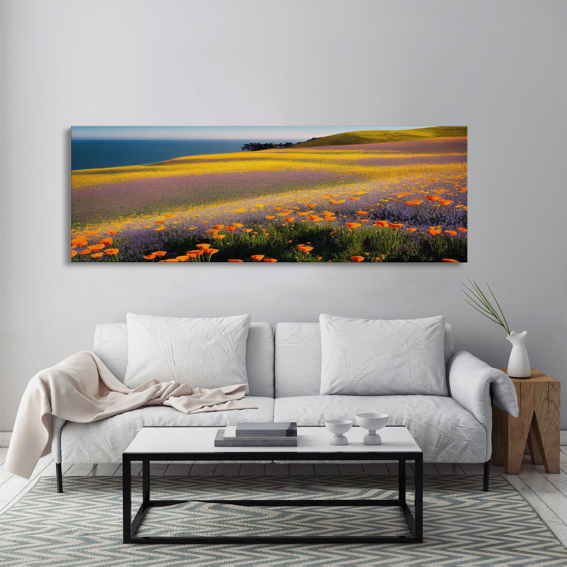 Orange Poppy And Lupine Field By The Ocean Coastline Panoramic Print