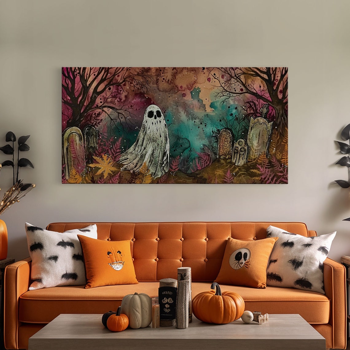 Cute Ghost In Colorful Cemetery Spooky Season Halloween Art Print - Image 4