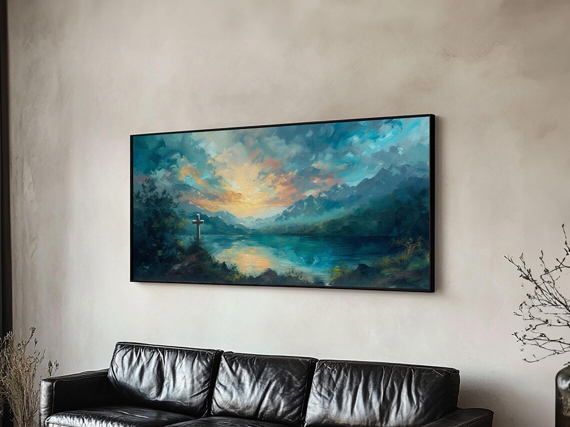 Cross By Mountain Lake Sunrise Oil Painting Peaceful Christian Wall Art Poster - Image 5