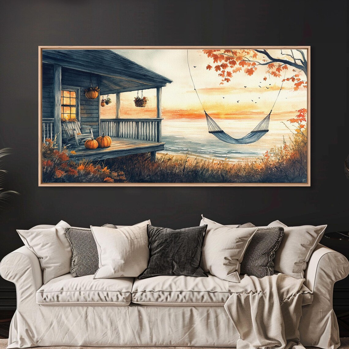 Autumn Beach Porch Pumpkins Sunset Hammock Ocean View Rustic Wall Art - Image 2