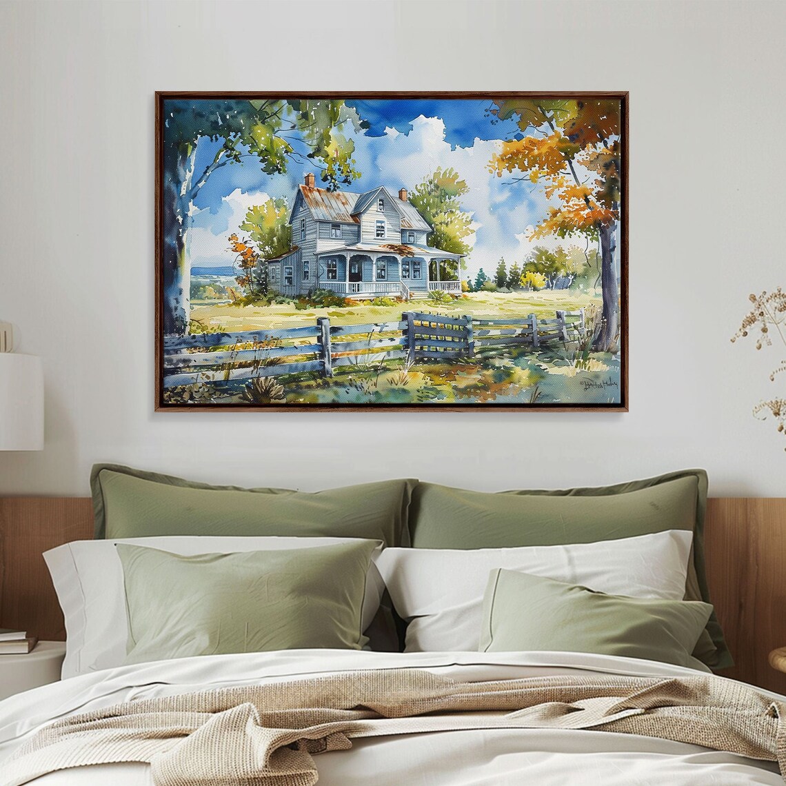 White Farmhouse Porch Watercolor Autumn Trees Wooden Fence Retro Print - Image 5