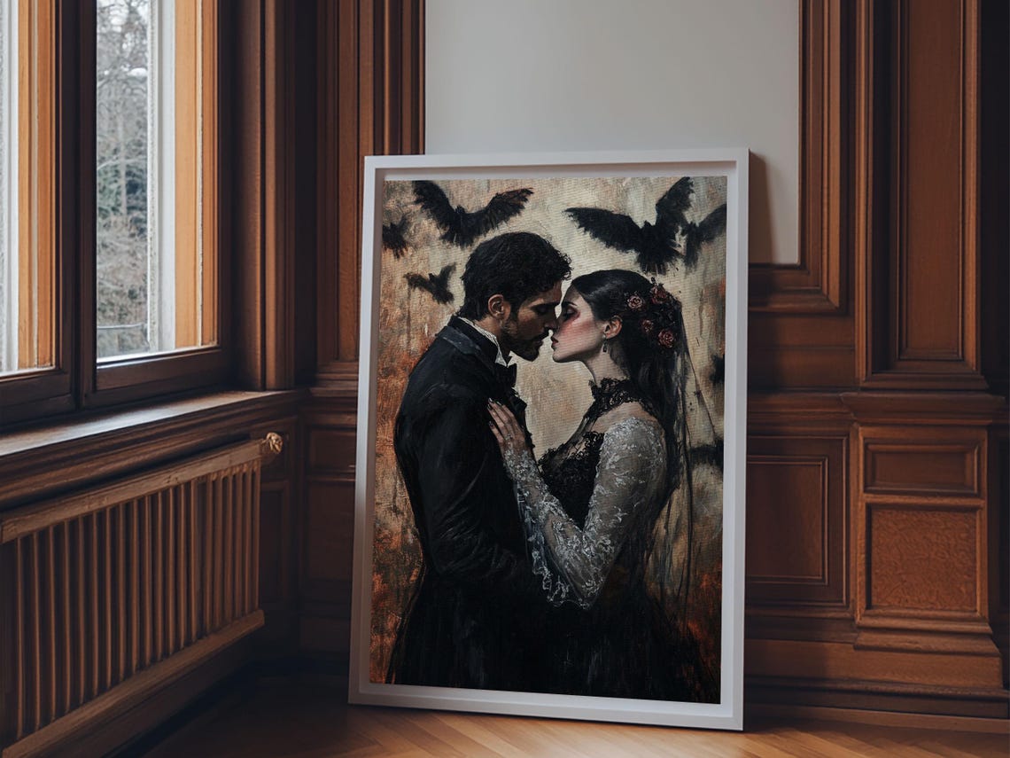 Dark Gothic Romance Couple Embrace Candlelight Fantasy Art Poster
