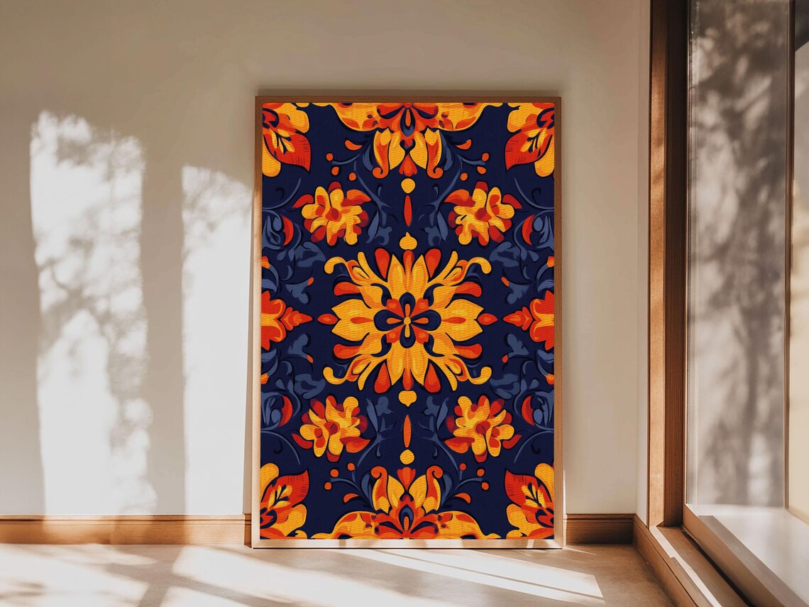 Mexican Talavera Tile Floral Pattern Bold Orange Navy Art Print - Image 2