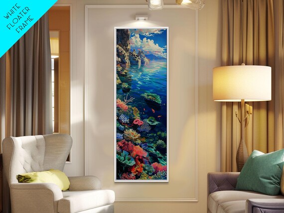 Tall And Narrow Vibrant Coral Reef Coastal Art Framed On Ocean Painting Tropical Coast Wall Art Modern Art Print For Living Room