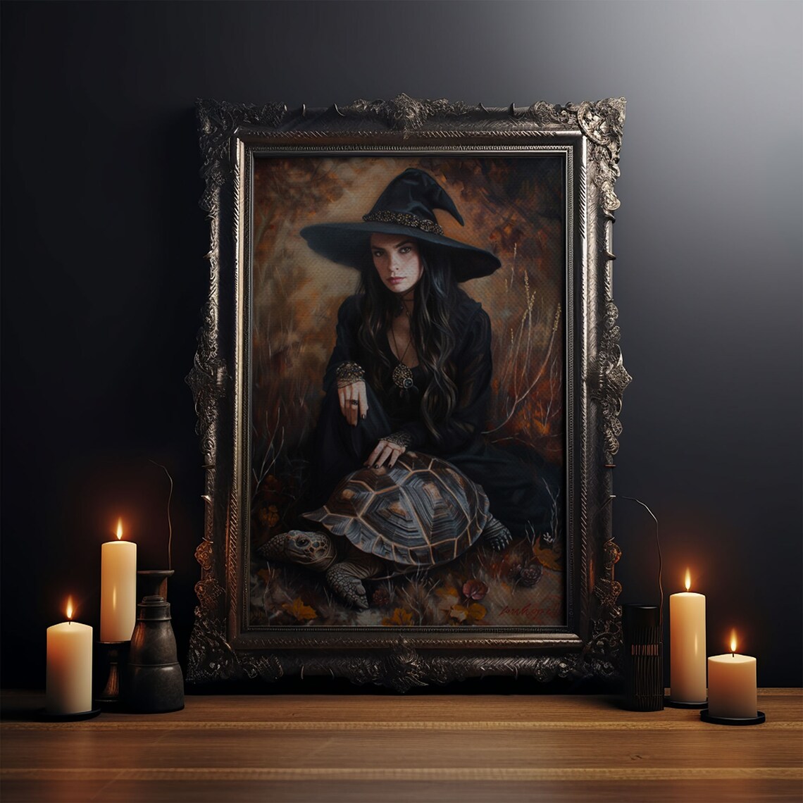 Witch And Tortoise In Autumn Forest Enchanting Dark Fantasy Art Poster - Image 4