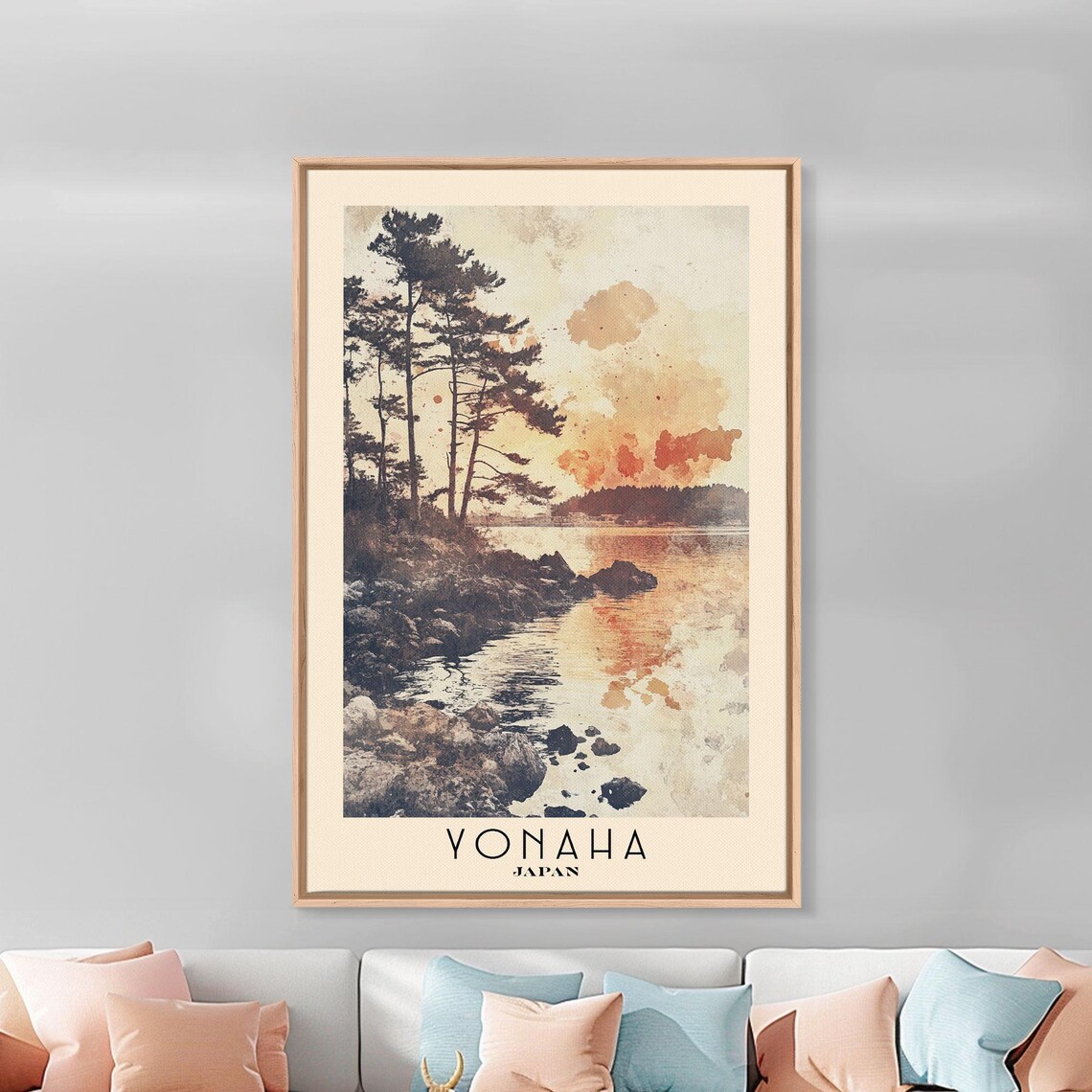 Yonaha Japan Rocky Shoreline Pine Trees Sunset Watercolor Poster - Image 2