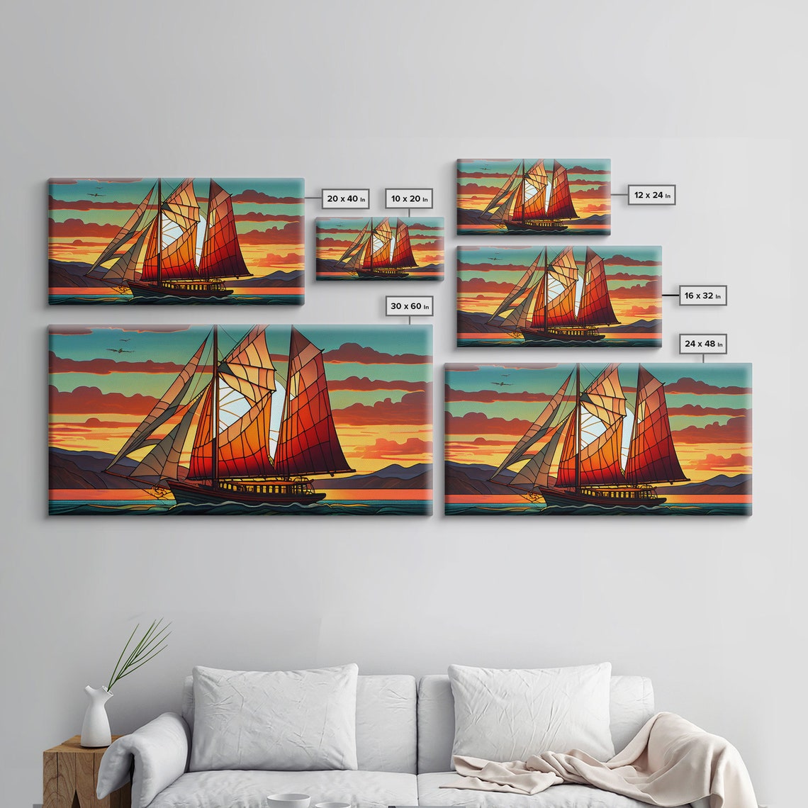 Stained Glass Sailboat Sunset Art Deco Nautical Seascape Ocean Poster - Image 2