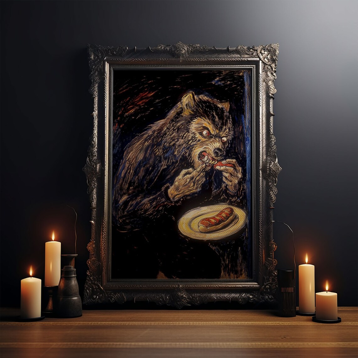 Surreal Dark Werewolf Eating Hot Dog Spooky Painterly Halloween Art Poster - Image 3