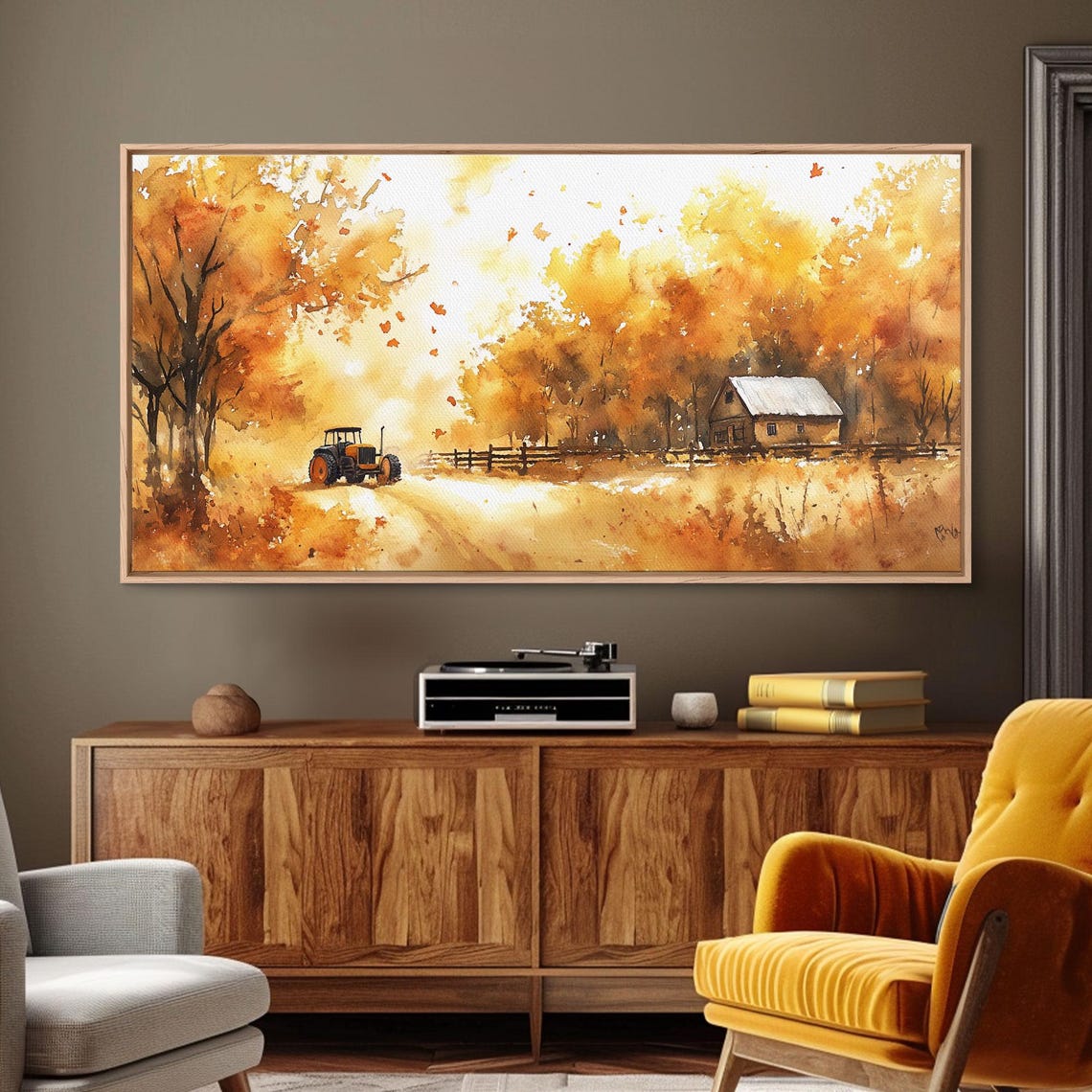 Vintage Tractor Path Through Golden Autumn Trees Farm Art Print