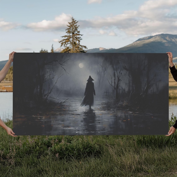 Witch Silhouette Misty Moonlit Forest Night Gothic Witchcraft Poster